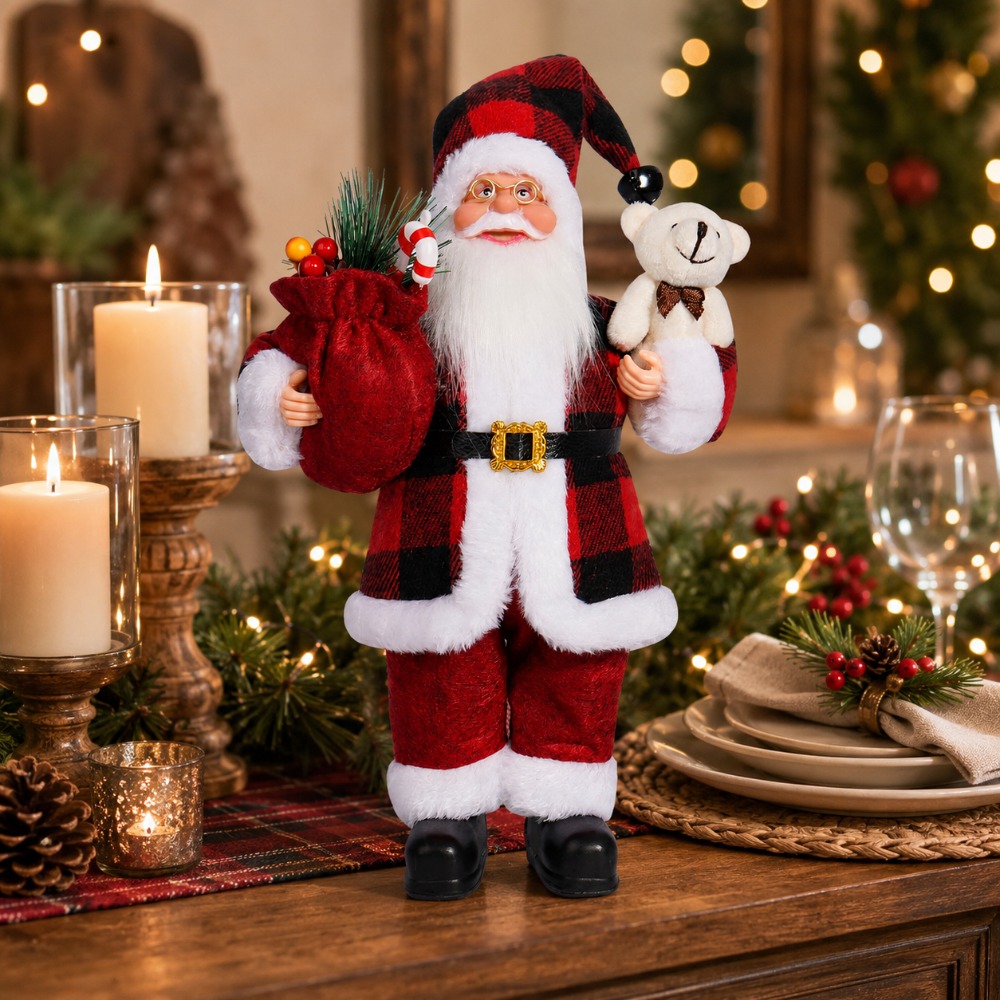 Vintage Collectible Santa - Koleksiyonluk kırmızı ve siyah kareli Noel