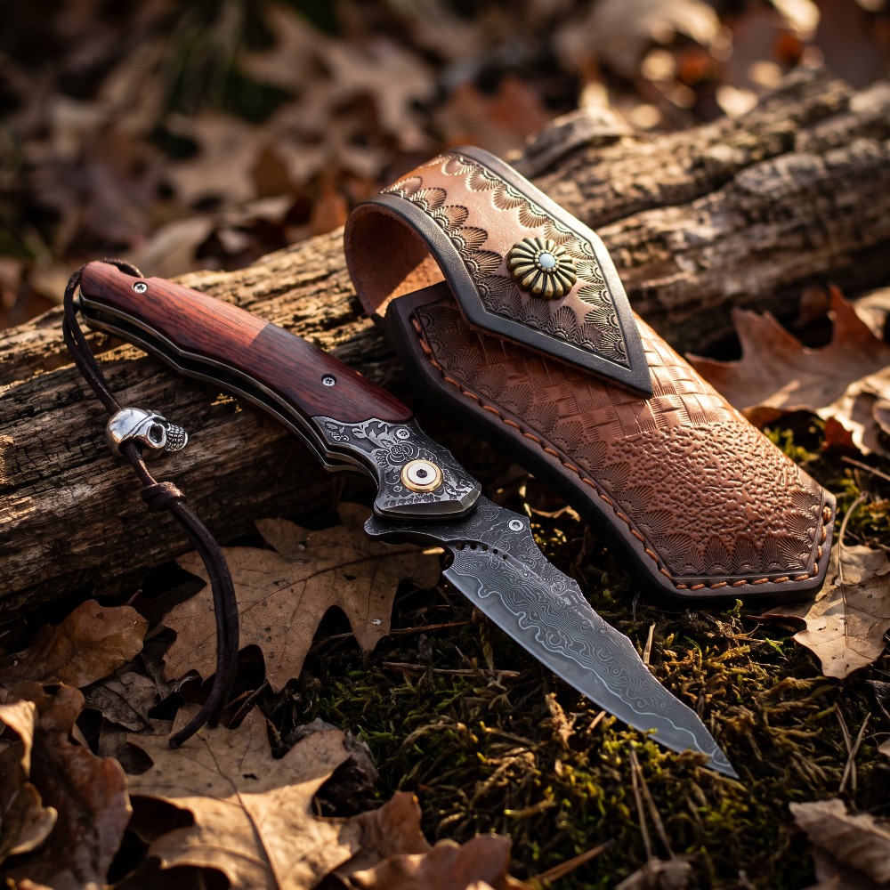 Vintage Collectible Knives - Vintage Oymalı Katlanabilir Bıçak Şam Desenli