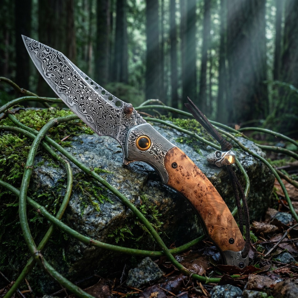 Vintage Collectible Knives - Yüksek Sertlikte Şam Desenli Katlanır Bıçak